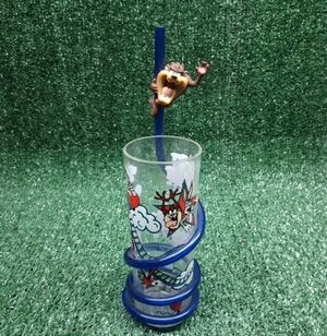 Tasmanian Devil Taz DRINKING GLASS w SILLY/CRAZY STRAW 1999 VINTAGE WARNER BROS